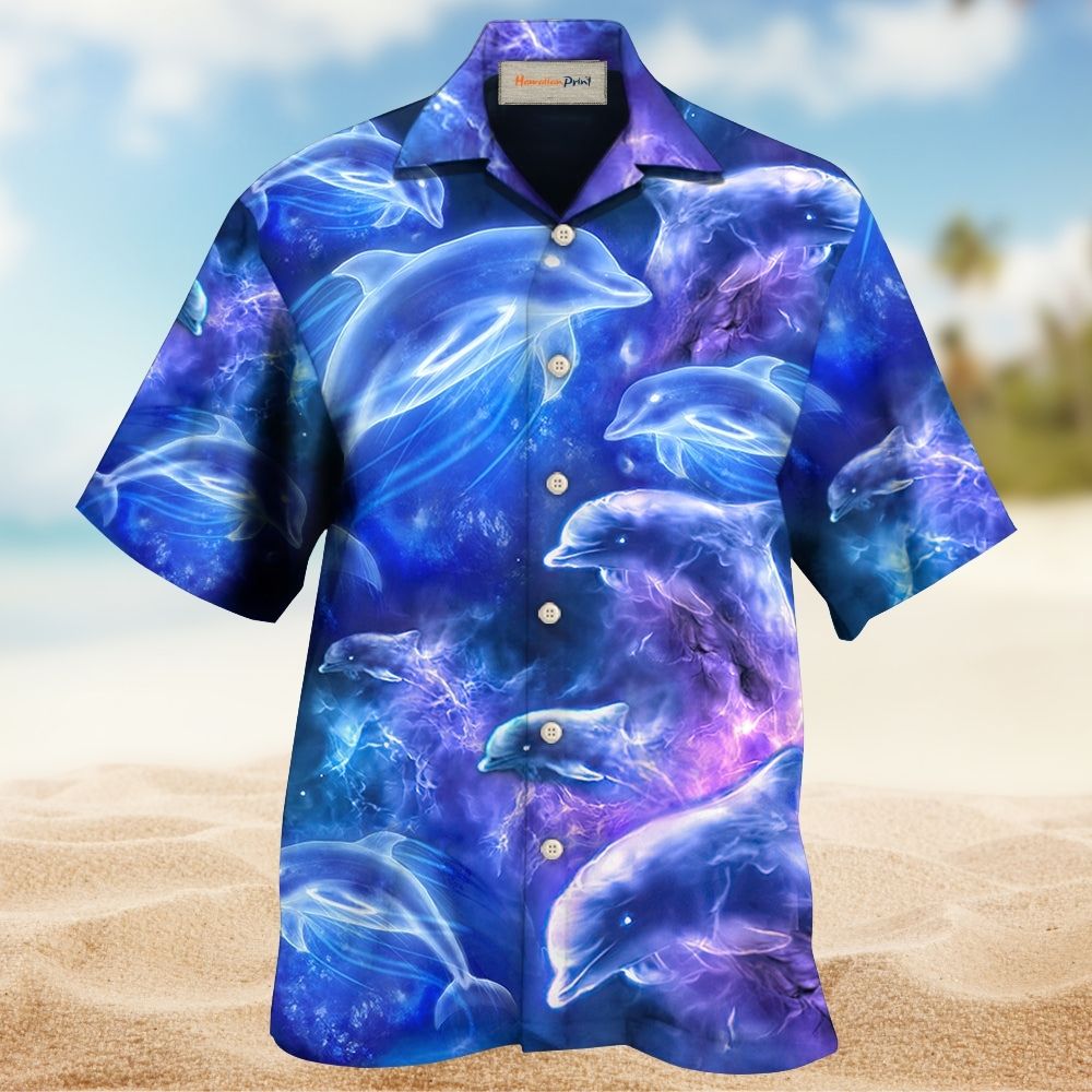 Neon Galaxy Dolphin Glow Ocean Hawaiian Shirt Resort Outfit View For Weekend Trips