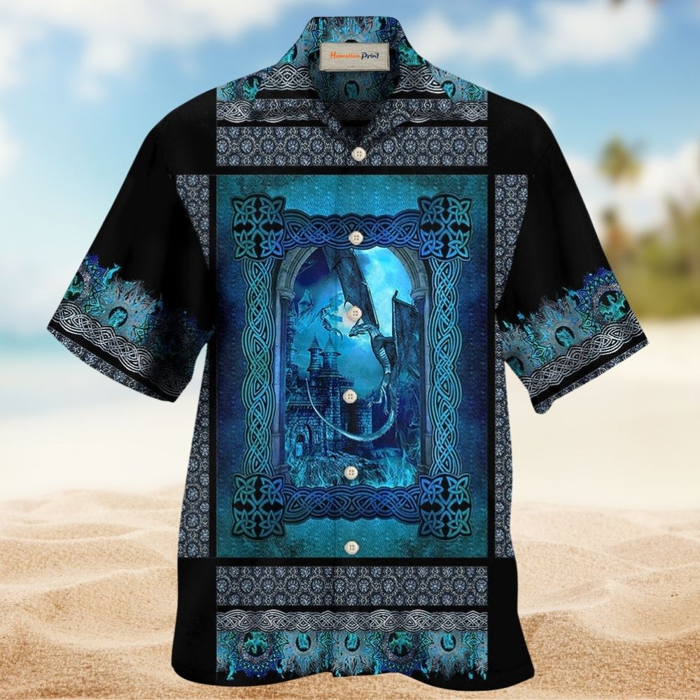 Blue Dragon Viking Pattern Hawaiian Shirt Artwork View For Casual Outings