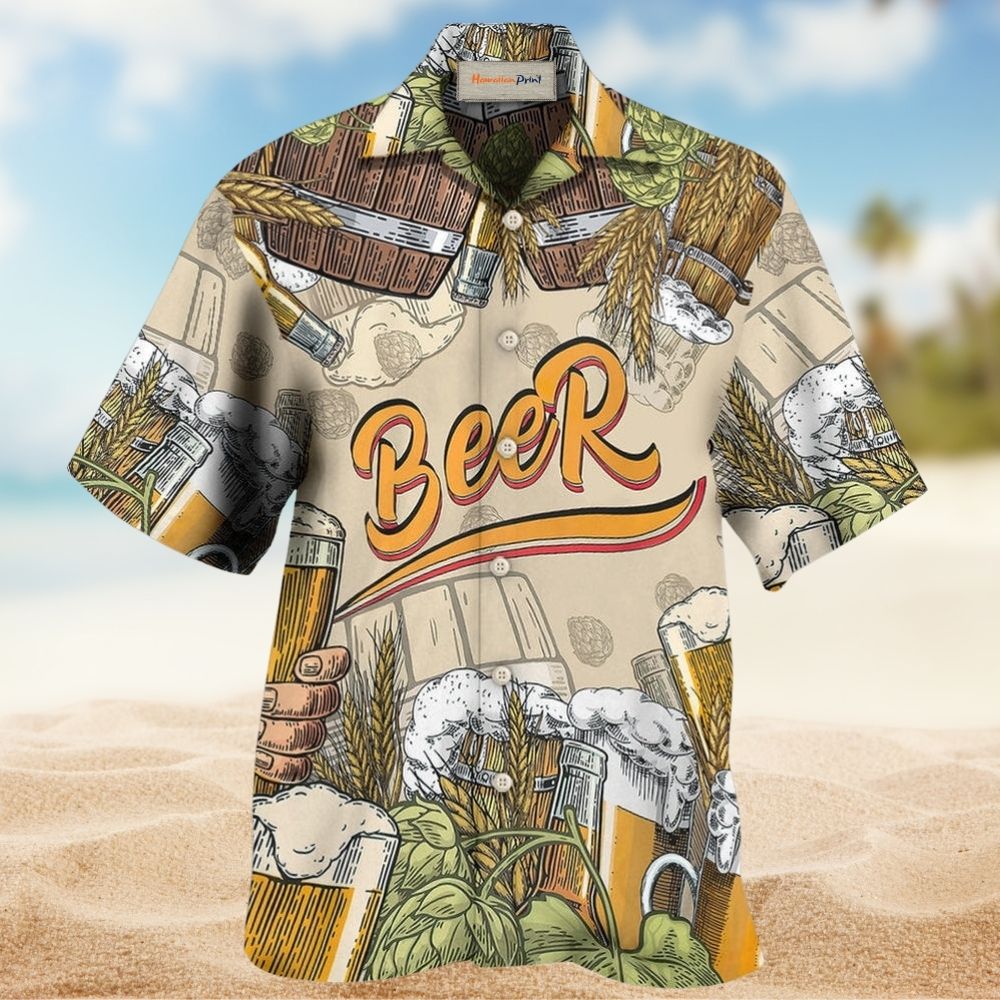Funny Drink Beer Theme Hawaiian Shirt Collar And Front View For Outdoor Gatherings