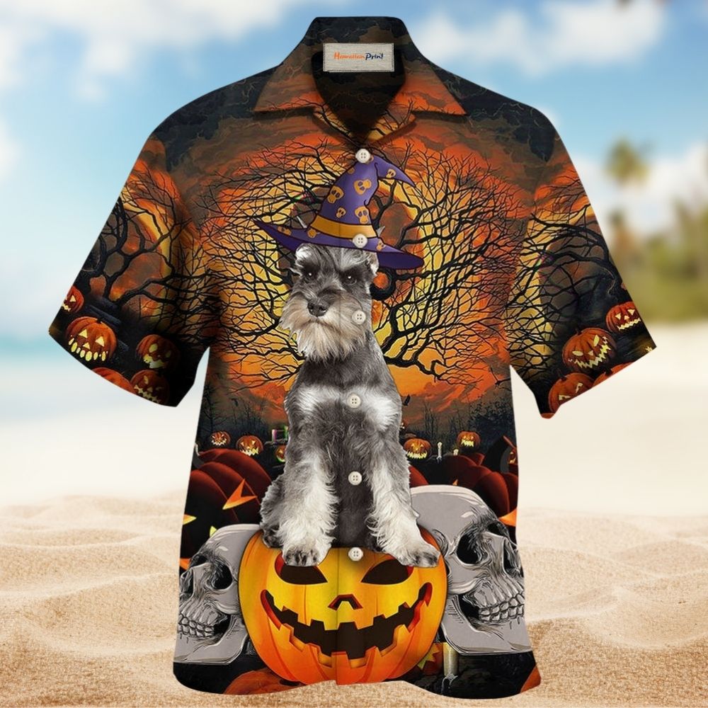 Halloween Schnauzer Dog Hawaiian Shirt Collar And Front View For Summer Travel
