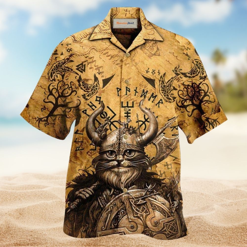Funny Norse Warrior Meows Valhalla Hawaiian Shirt Design Detail For Beach Days And Holiday Travel