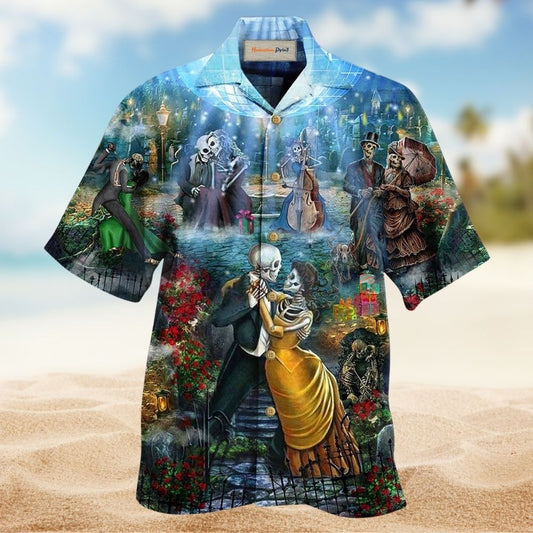 Skull Couple Dance Hawaiian Shirt Artwork Detail For Tropical Trips And Casual Outings