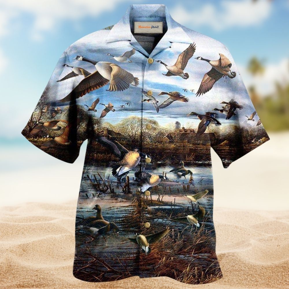 Peaceful Canada Geese Sky Hawaiian Shirt Design View For Casual Summer Styling