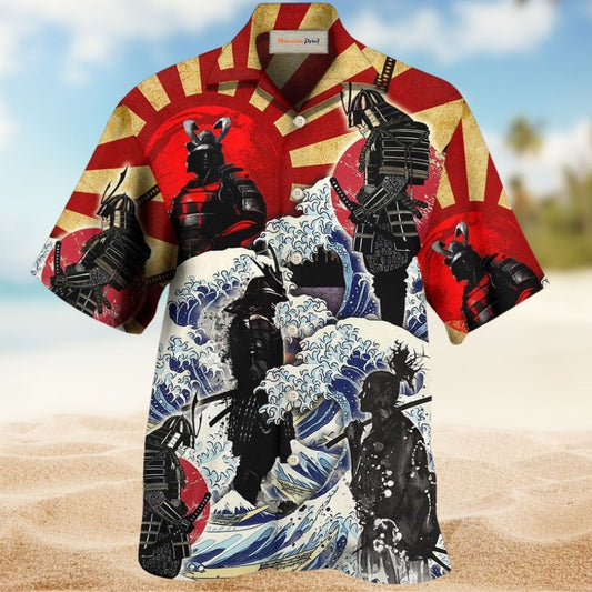 Samurai Red Sun Wave Japanese Hawaiian Shirt Collar And Front View For Casual Outings