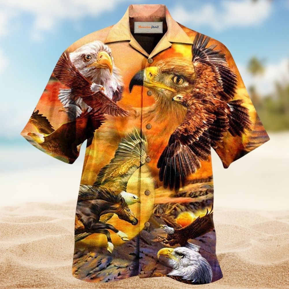 Eagle Flying Sunset Sky Hawaiian Shirt Pattern View For Lightweight Everyday Style