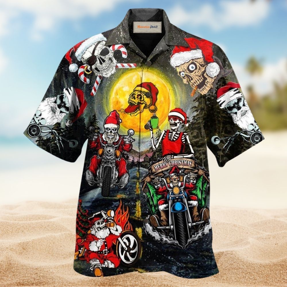Skull Santa Racing Christmas Fun Hawaiian Shirt Design Detail For Sunny Adventures And Casual Wear