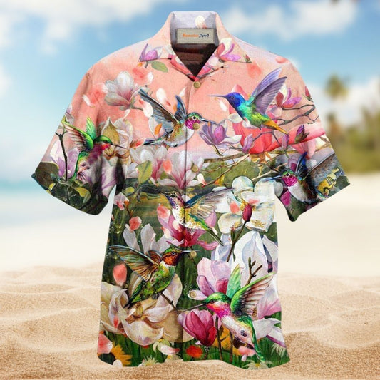 White Hummingbird Magnolia Bloom Hawaiian Shirt Design View For Resort Travel And Thoughtful Gifting