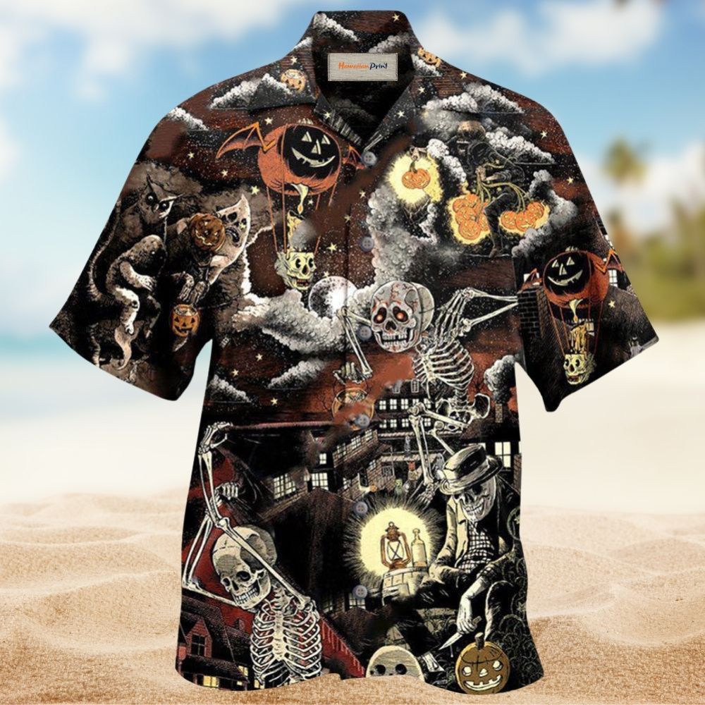 Halloween Skeleton Humor Hawaiian Shirt Artwork Detail For Resort Trips And Outdoor Activities