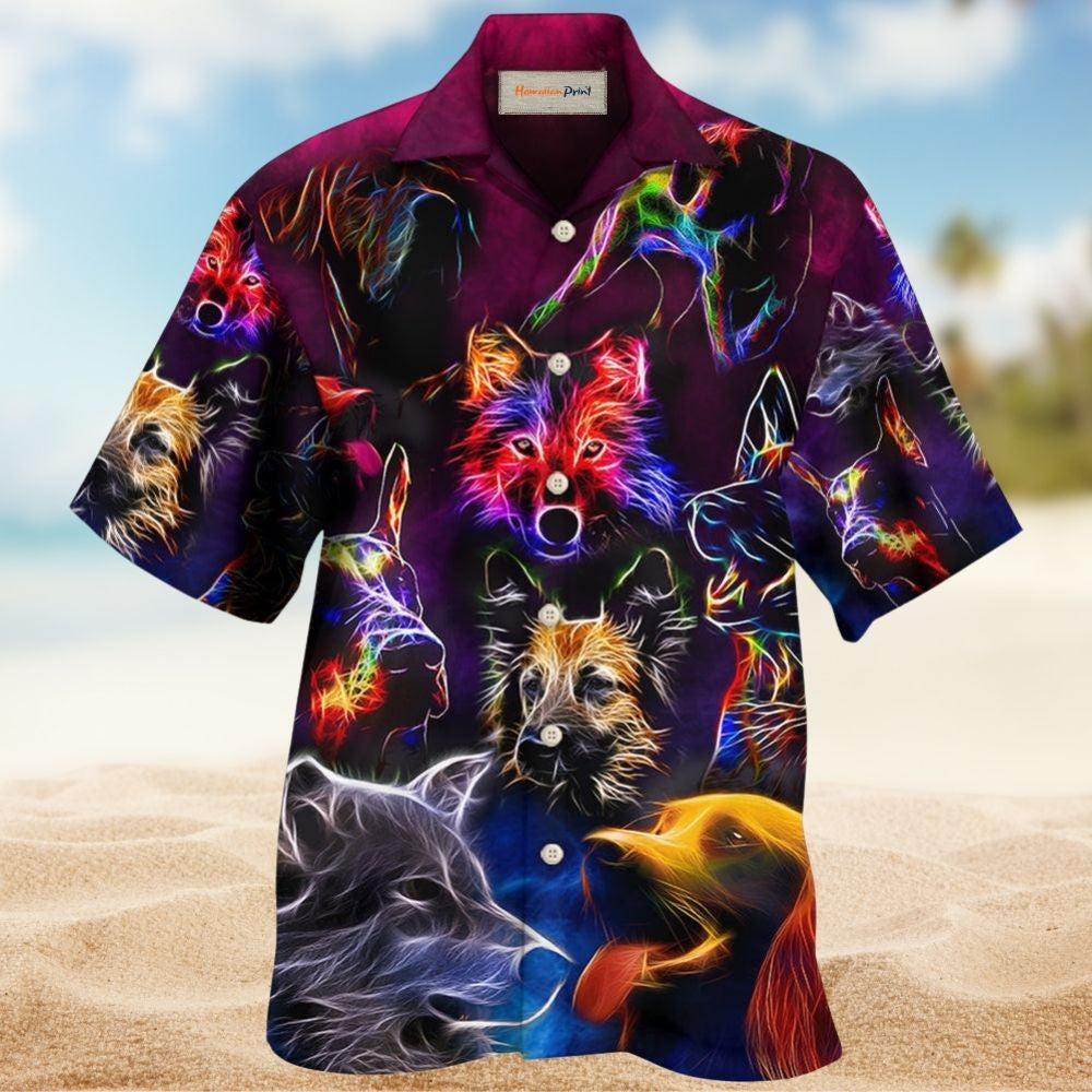 Neon Dog Lightning Energy Hawaiian Shirt Print Closeup For Tropical Vacations