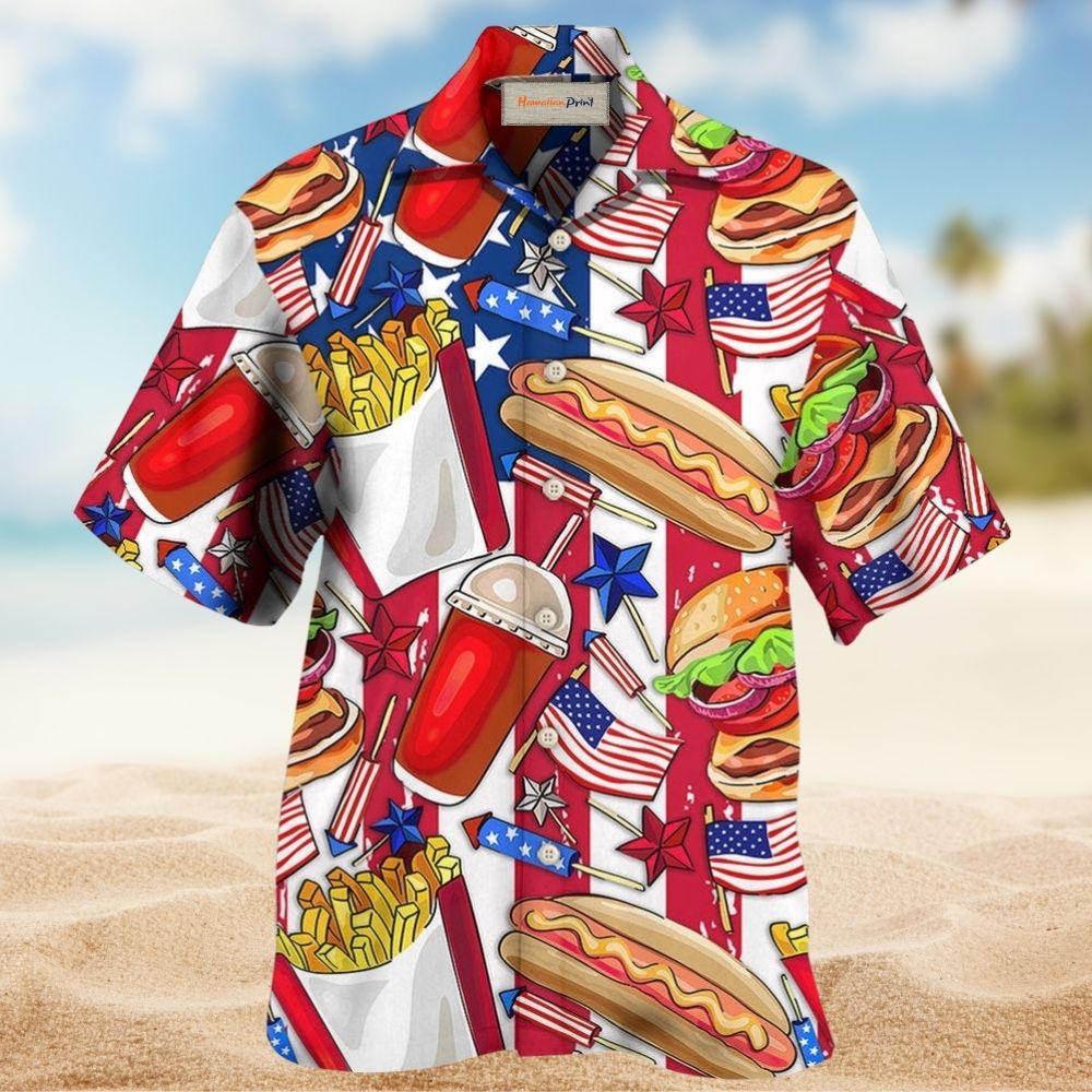 Patriotic Food Stars Freedom Theme Hawaiian Shirt Pattern Detail For Vacation Travel And Daily Wear