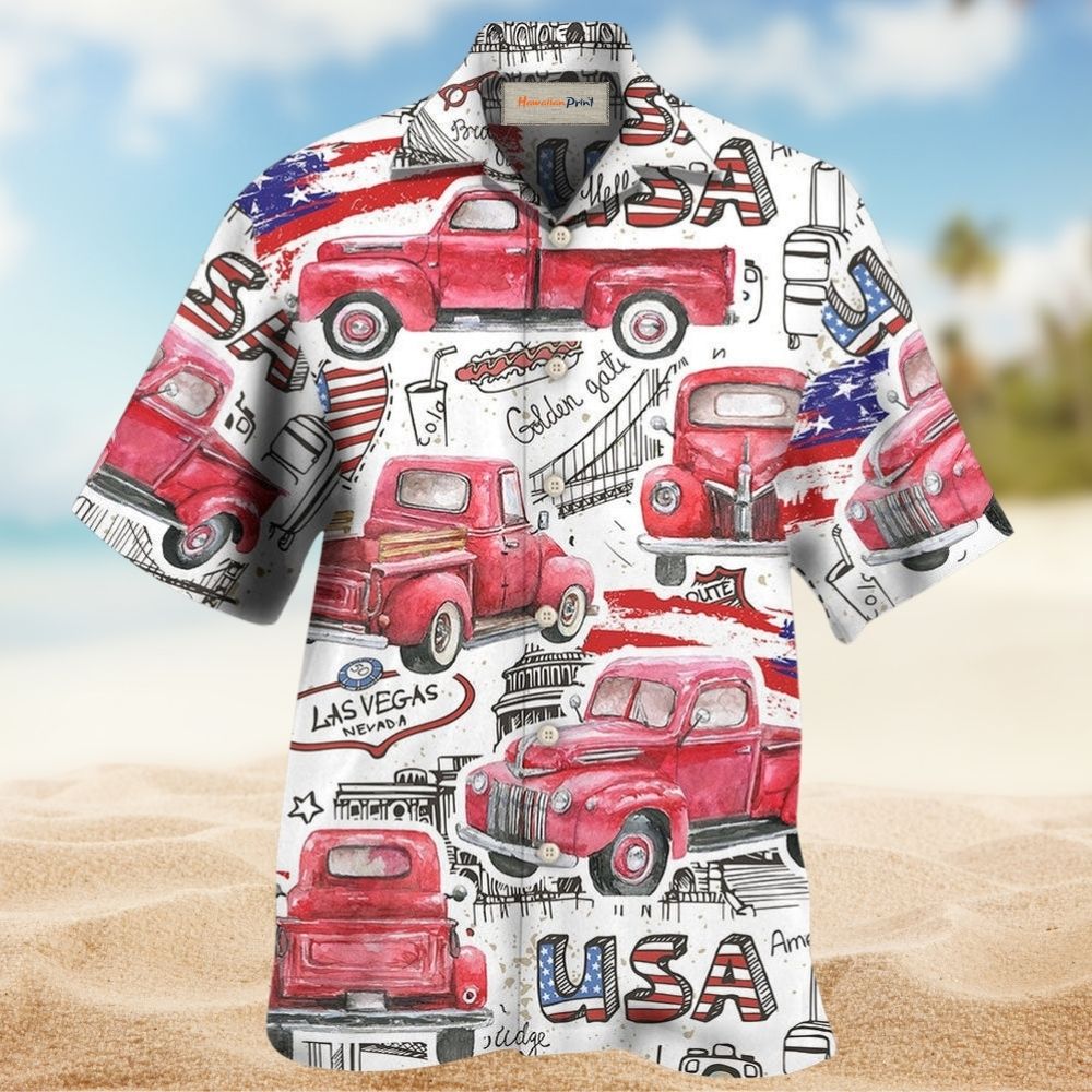 Patriotic Red Truck USA Flag Independence Hawaiian Shirt Artwork Detail For Resort Trips And Outdoor Activities
