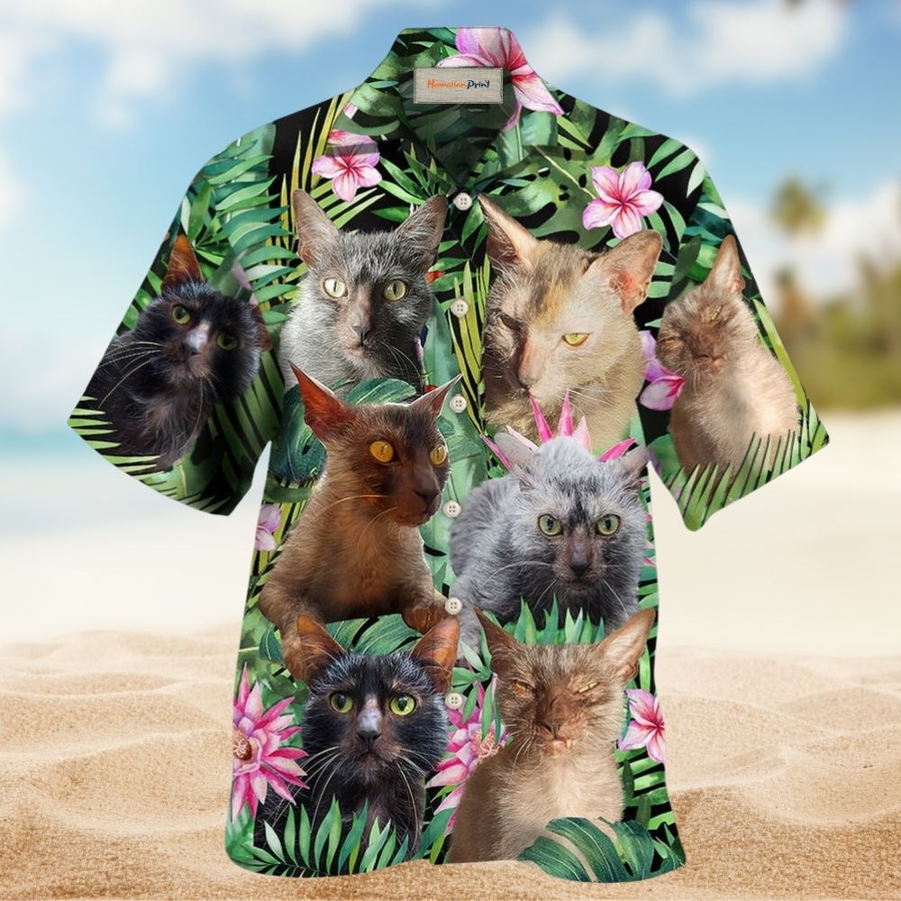 Floral Cat Lykoi Artistic Hawaiian Shirt Design Detail For Beach Days And Holiday Travel