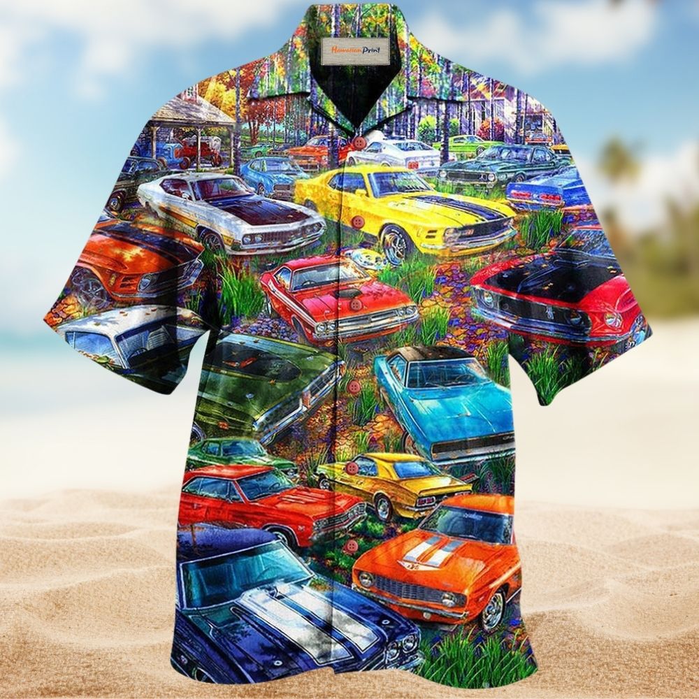 Colorful Car Garden Artistic Hawaiian Shirt Pattern Detail For Vacation Travel And Daily Wear