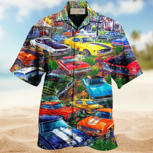 Colorful Car Garden Artistic Hawaiian Shirt Pattern Detail For Vacation Travel And Daily Wear