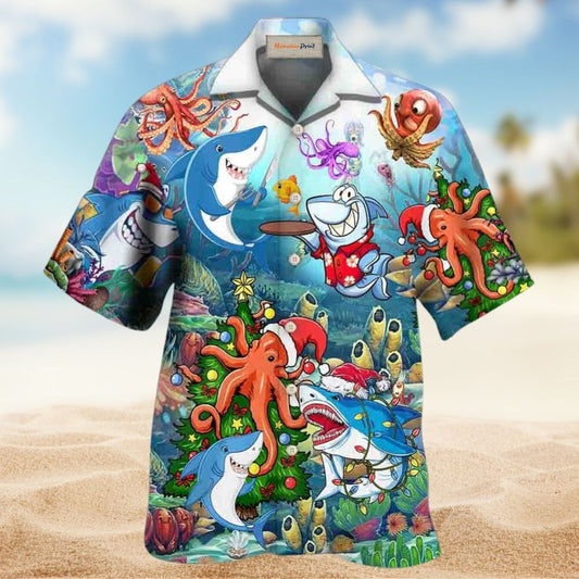 Octopus Shark Ocean Hawaiian Shirt For Vacation Days And Relaxed Coastal Outings