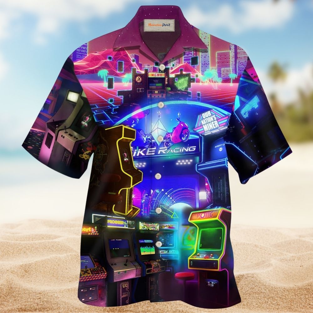 Retro Arcade Gaming Fun Theme Hawaiian Shirt For Vacation Days And Relaxed Coastal Outings