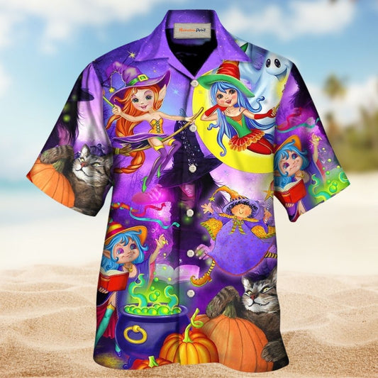 Funny Magical Halloween Witch Ghost Forest Hawaiian Shirt Artwork Detail For Tropical Trips And Casual Outings
