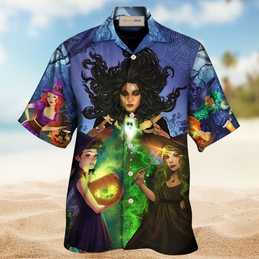 Dark Halloween Witch Ghost Enchanted Forest Hawaiian Shirt Artwork View For Coastal Escapes And Resort Style