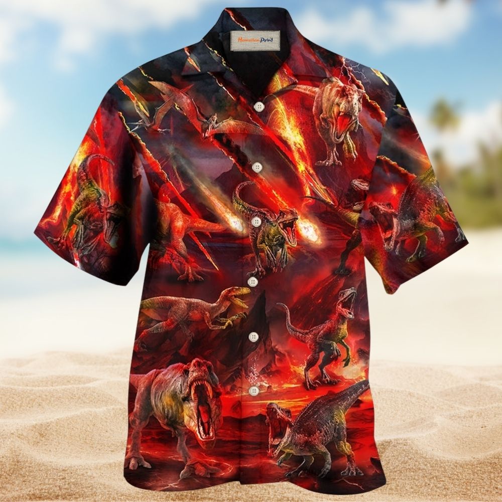 Dinosaur Meteor Rain Fantasy Hawaiian Shirt Artwork View For Coastal Escapes And Resort Style