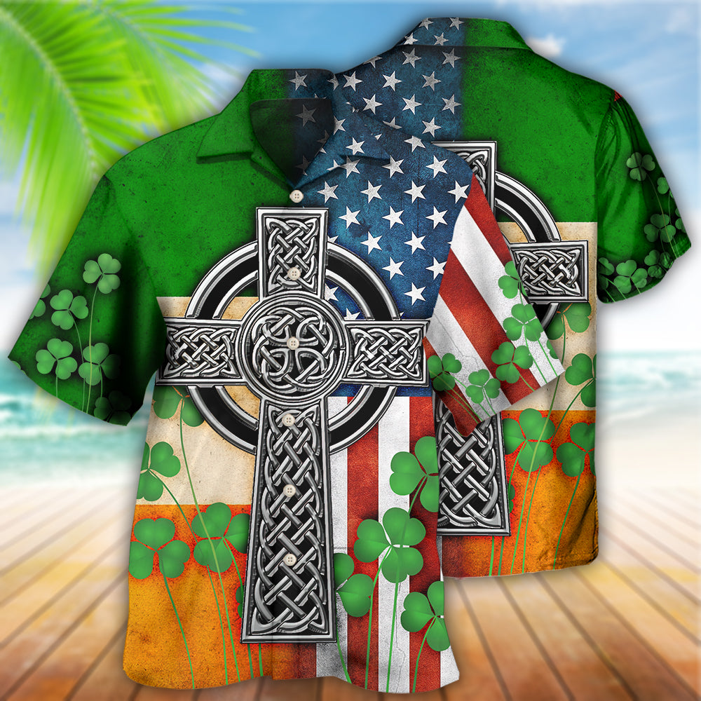 Irish American Flag Celtic Cross Saint Patrick's Hawaiian Shirt Pattern View For Lightweight Everyday Style