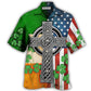 Irish American Flag Celtic Cross Saint Patrick's Hawaiian Shirt For Poolside Relaxation And Sunny Getaways