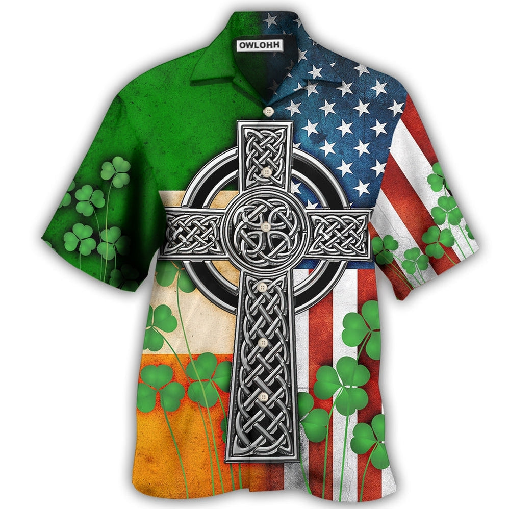 Irish American Flag Celtic Cross Saint Patrick's Hawaiian Shirt For Poolside Relaxation And Sunny Getaways