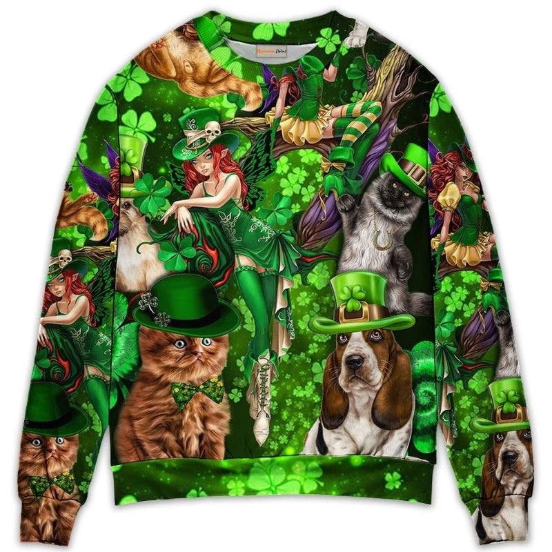 Irish Cat Girl St Patrick Green Light Sweater For Casual Styling Weekend Outings And Creative Gift Giving