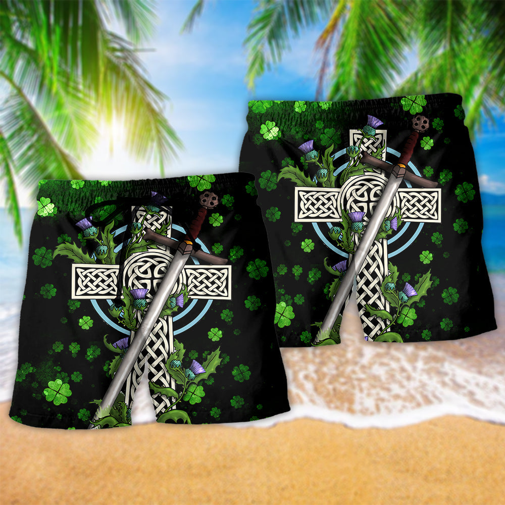 Irish Celtic Cross Heritage Beach Shorts Pattern Detail For Outdoor Activities And Easygoing Coastal Style