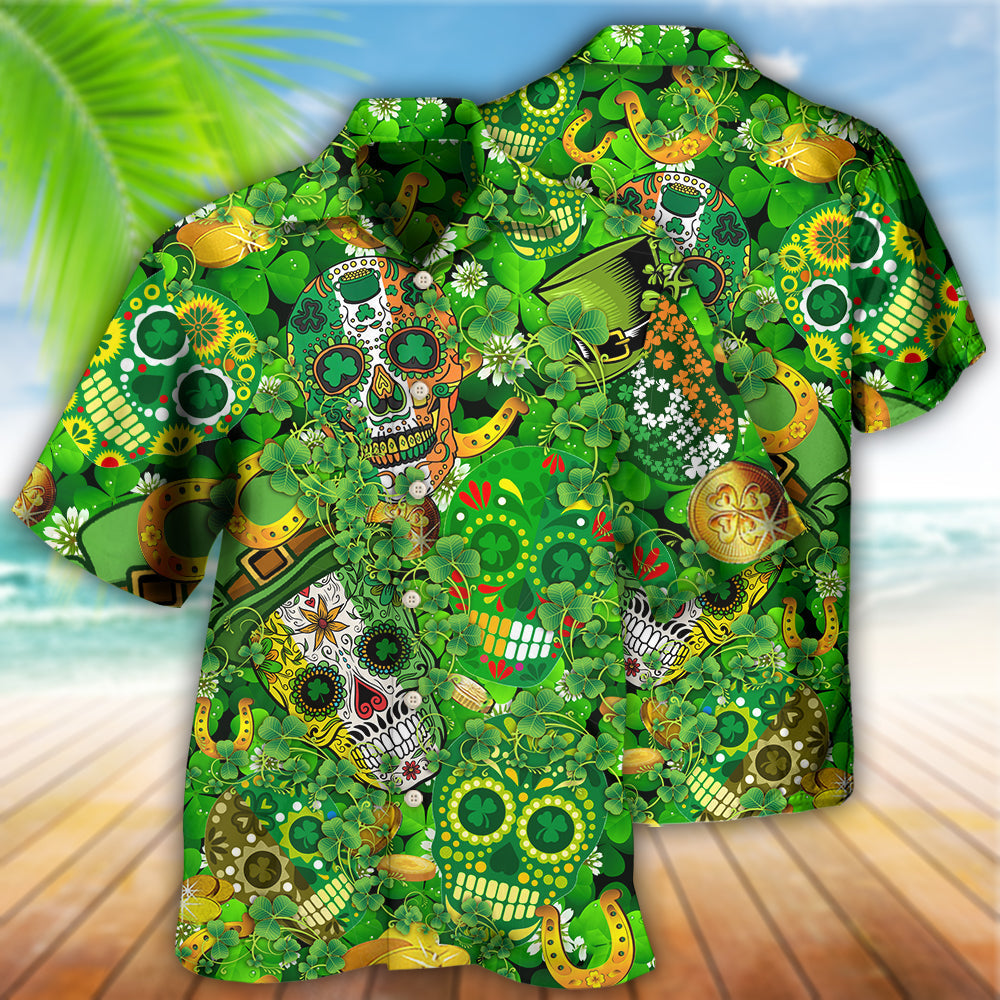 Happy Gold Skull Irish Hawaiian Shirt Artwork View For Weekend Travel And Beach Style