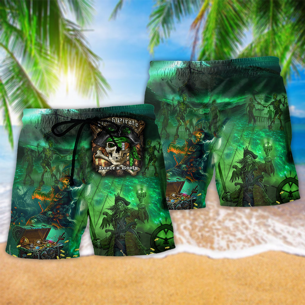 Irish Pirate Booze And Booty Hawaiian Print Beach Shorts For Marine Inspired Outdoor Wear
