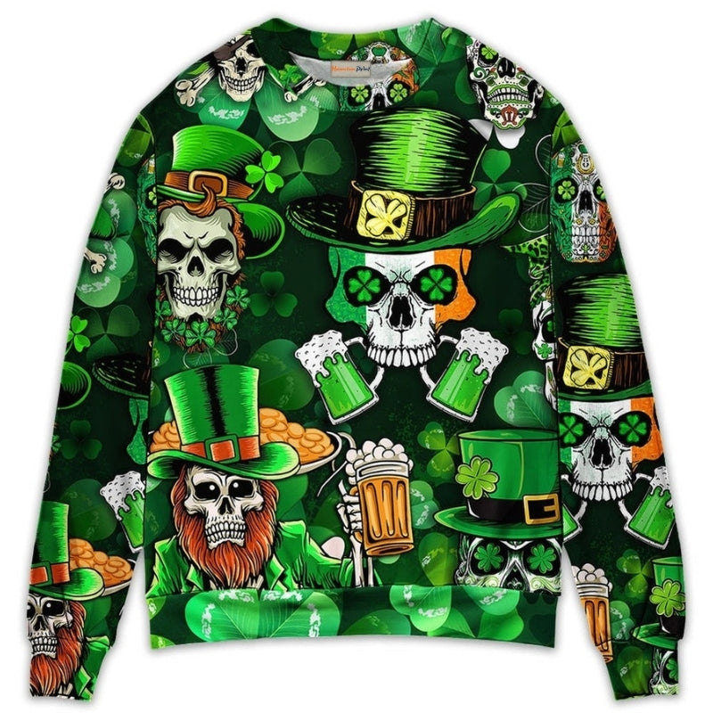 Irish Skull St Patrick Green Light Sweater For Art Lovers Holidays Parties And Comfortable Wear