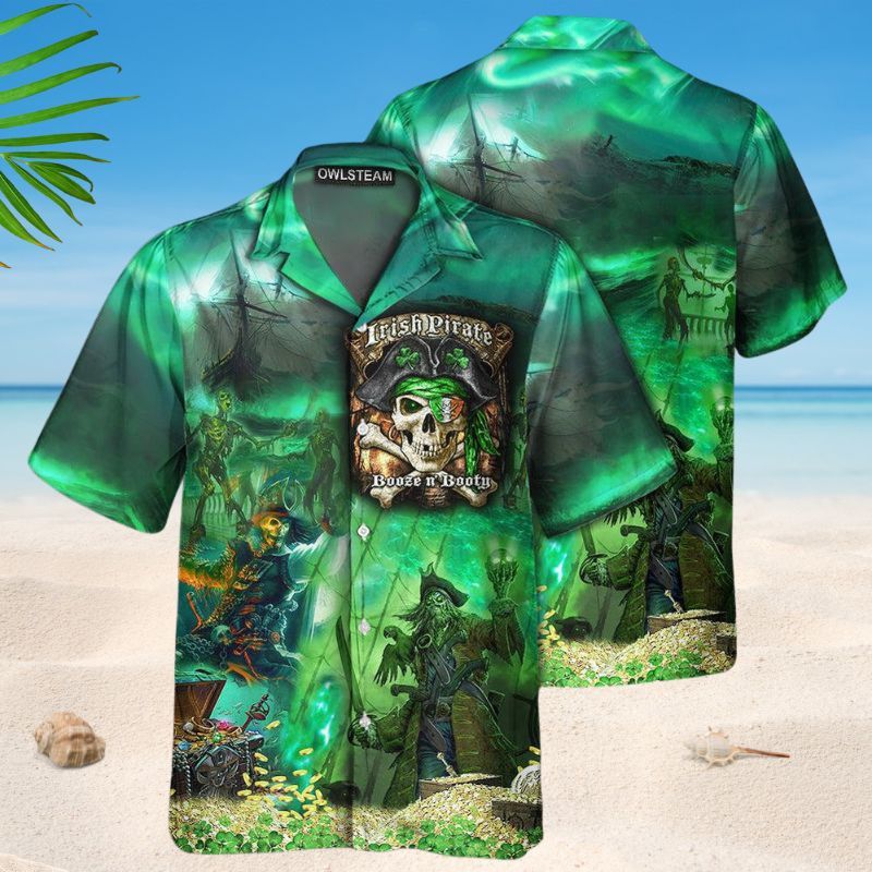 Irish Pirate Booze Treasure Hawaiian Shirt For Resort Trips, Coastal Parties, And Warm Weather Style