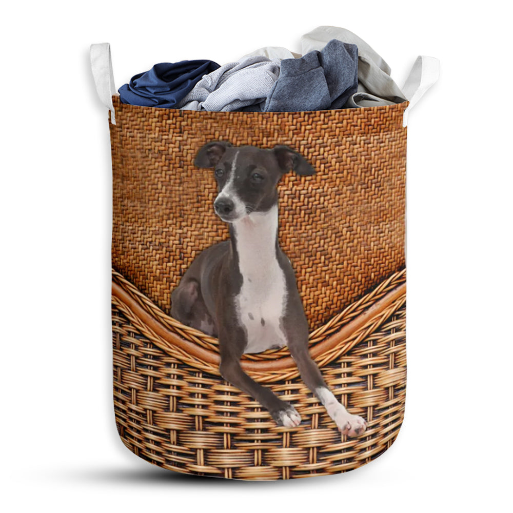 Italian Greyhound Dog Rattan Texture Laundry Basket For Bathroom Bedroom Storage