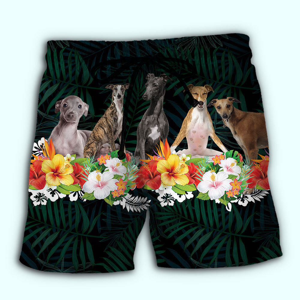 Italian Greyhound Tropical Floral Beach Shorts Pattern Detail For Sunny Outdoor Activities