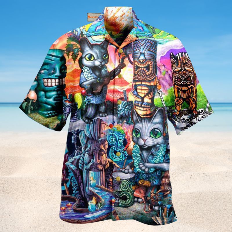 It Is Tiki Time And Cat Hawaiian Shirt For Resort Travel Summer Events And Thoughtful Casual Gifting