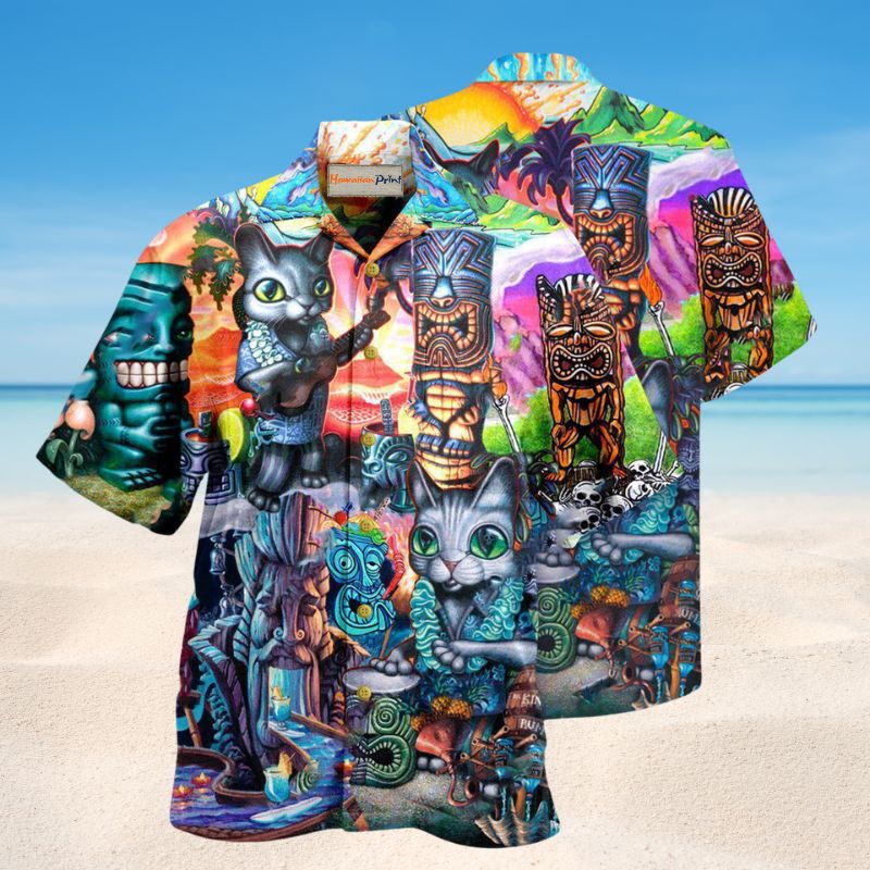 It Is Tiki Time And Cat Hawaiian Shirt For Resort Travel Summer Events And Thoughtful Casual Gifting