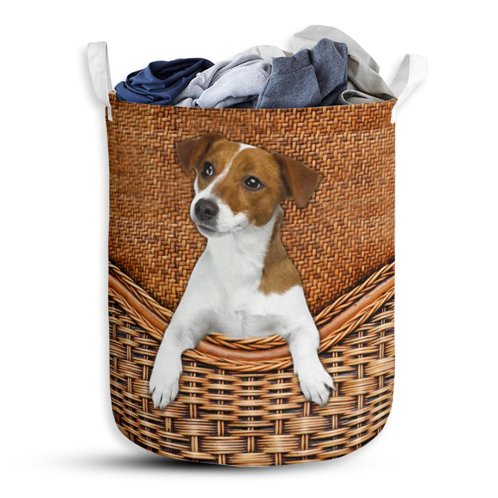Jack Russell Dog Rattan Texture Laundry Basket For Bathroom Bedroom Storage