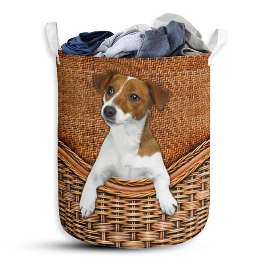 Jack Russell Dog Rattan Texture Laundry Basket For Bathroom Bedroom Storage