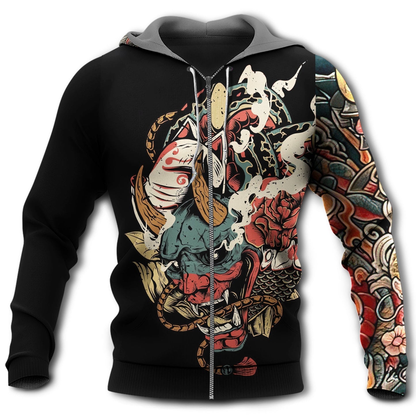Japanese Oni Mask Tattoo Hoodie For Heritage Artwork Enthusiasts Weekend Trips And Gifting