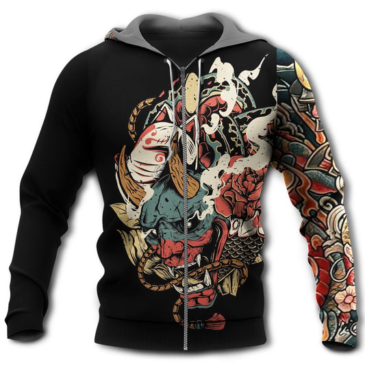 Japanese Oni Mask Tattoo Hoodie For Heritage Artwork Enthusiasts Weekend Trips And Gifting