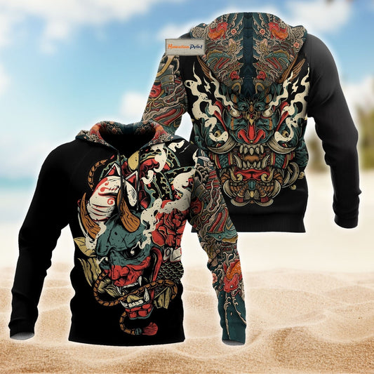 Japanese Oni Mask Tattoo Hoodie For Heritage Events Weekend Outings And Comfortable Streetwear