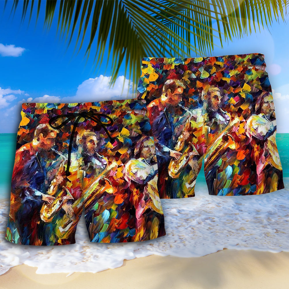 Jazz Music Colorful Artistic Mix Beach Shorts Design Detail For Concert Inspired Vacation Wear