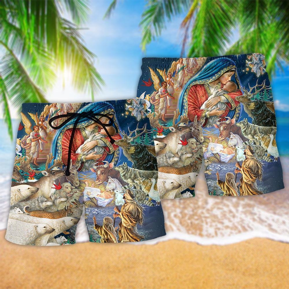 Jesus Nativity Glory Night Beach Shorts Pattern Detail For Sunny Day Activities And Bright Summer Outfits