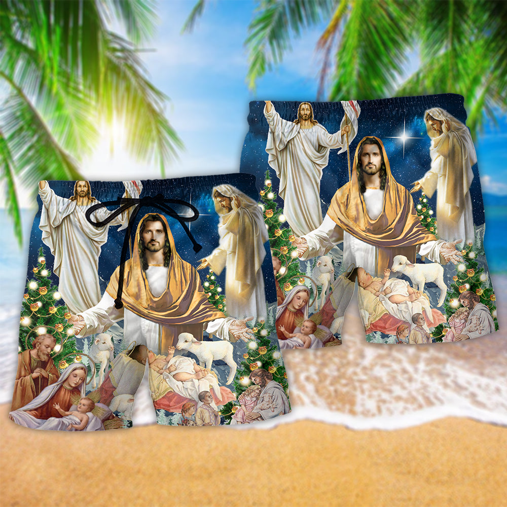 Jesus Christmas Miracle Night Hawaiian Print Beach Shorts For Christmas Getaways