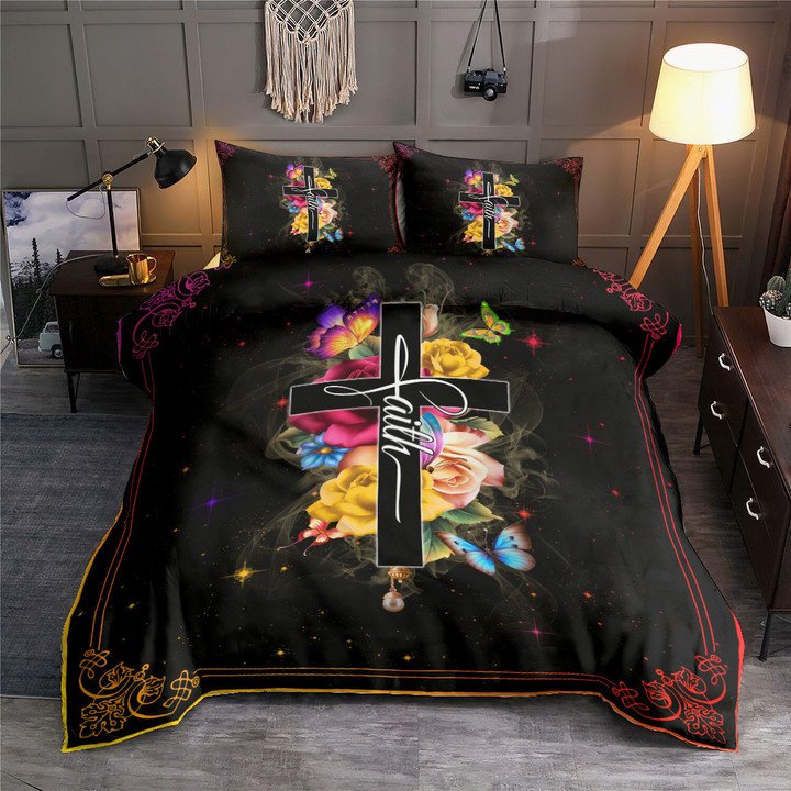 Jesus Faith Rose Butterfly Cross Dark Bedding Cover For Faith Bedroom Decor