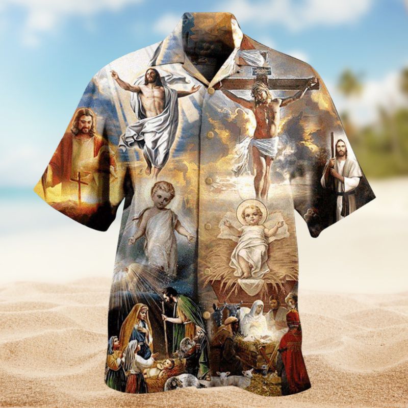 Faith Inspired Graphic Hawaiian Shirt For Summer Vacation, Beach Travel, And Casual Wear