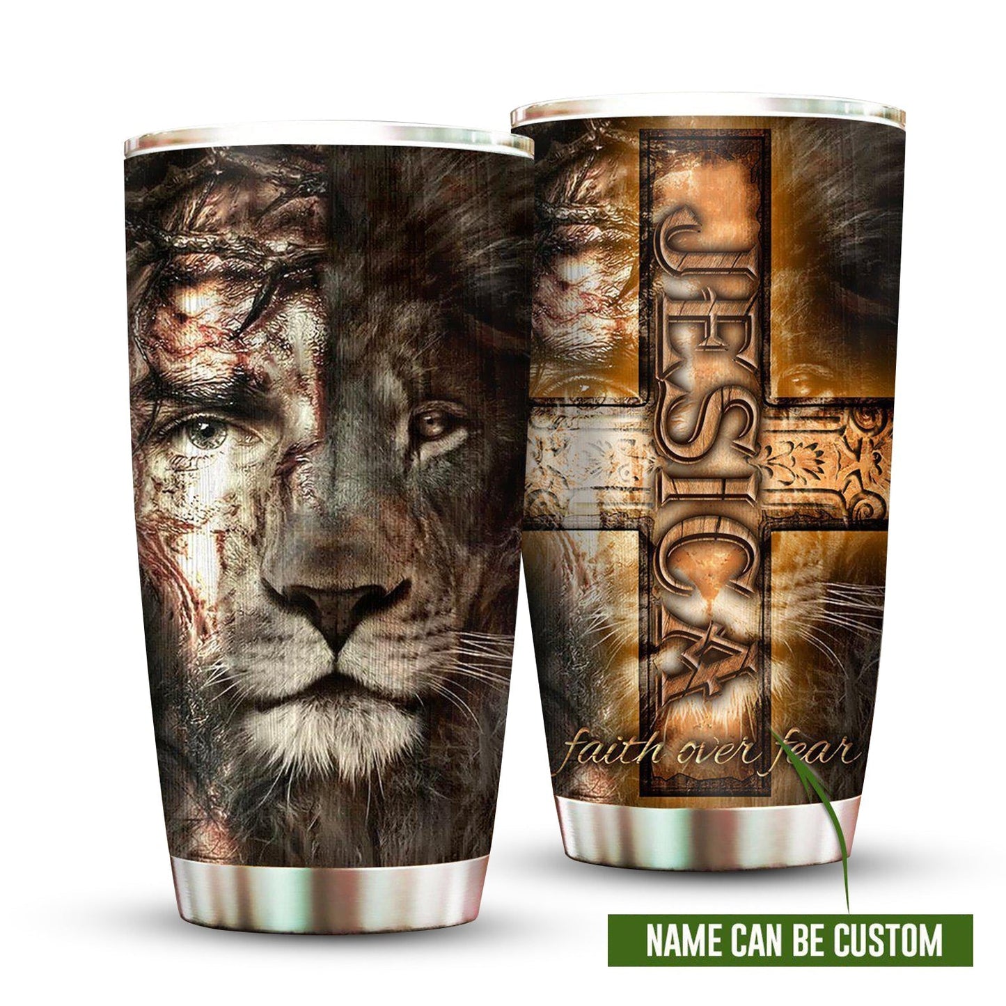 Jesus Lion Faith Over Fear Personalized 20 Oz Tumbler For Coffee Travel And Daily Drinks