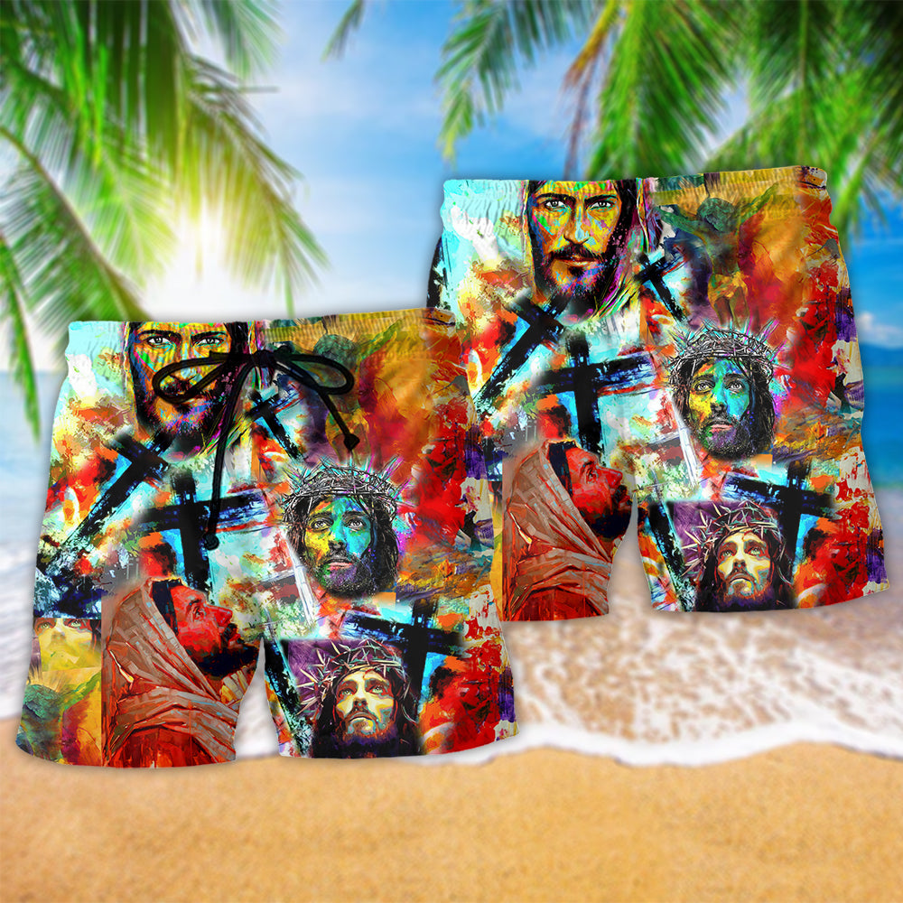 Jesus Color Cross Beach Shorts Pattern Detail For Seaside Leisure And Lightweight Summer Style