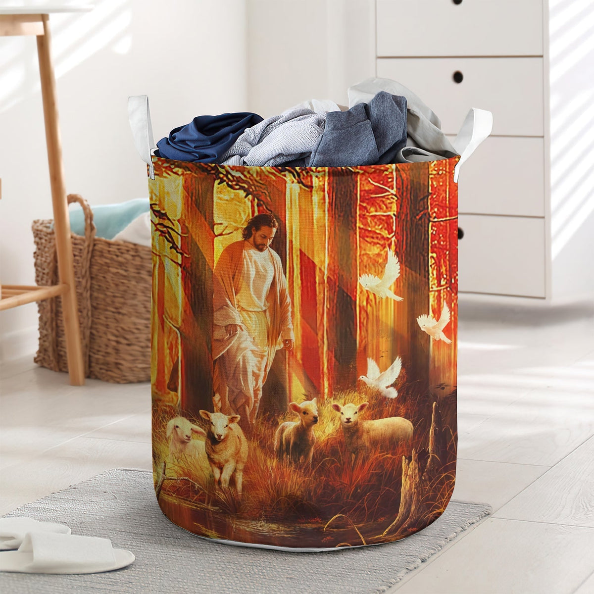 Jesus Walking In The Forest Laundry Basket For Bathroom Bedroom Storage