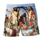 Jesus Sky Warm Light Inspiration Beach Shorts Design Detail For Faith Inspired Coastal Trips